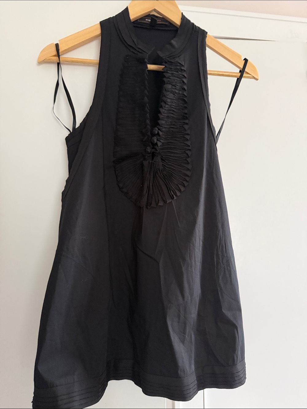 BCBGMAXAZRIA Sleeveless Ruffled Front Cotton Blend Tank Black Top Size:XS